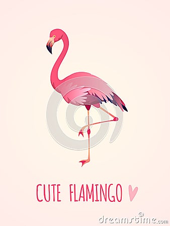 Cute flamingo. Tropical pink bird, girl card poster exotic wild nature, party beach beauty sticker isolated cartoon Vector Illustration