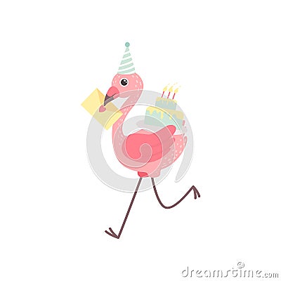 Cute Flamingo Wearing Party Hat Running with Birthday Cake and Greeting Card, Beautiful Exotic Bird Character Vector Vector Illustration