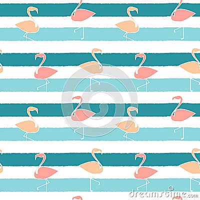 Cute flamingos on blue stripes background seamless pattern illustration Vector Illustration