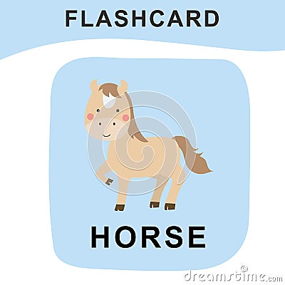 Cute horse flashcard. Cute farm animal flashcard. Educational printable card. Colorful printable flashcard. Vector illustration Vector Illustration