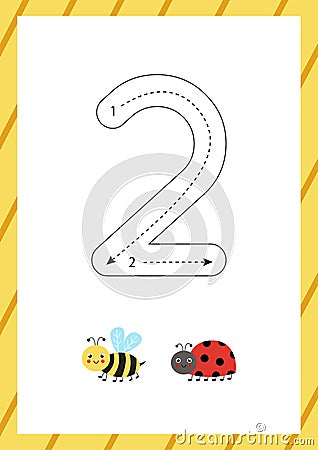 Cute flashcard how to write number 2. Worksheet for kids. Vector Illustration