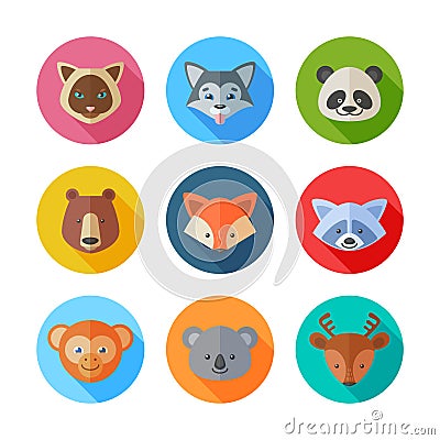 Cute flat animals portraits icons Stock Photo