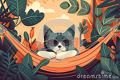 A cute flat character of a sleepy kitten lies in a hammock wearing sunglasses.Generative AI illustration. Cartoon Illustration