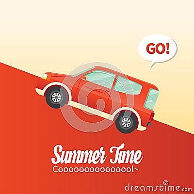 Cute flat design style travel SUV and Retro Classic typography Stock Photo
