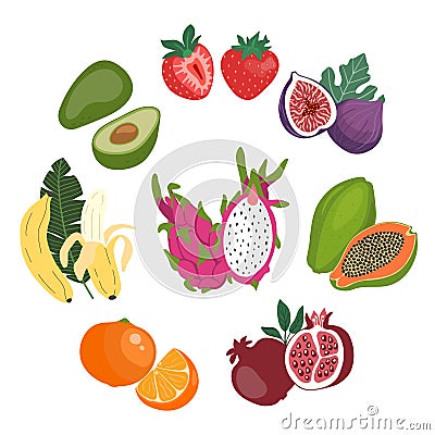 Cute flat illustration set of the whole and sliced fresh fruits. Vector Illustration