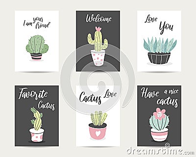 Cute flat style cards, postcards, templates, posters with cactus Vector Illustration