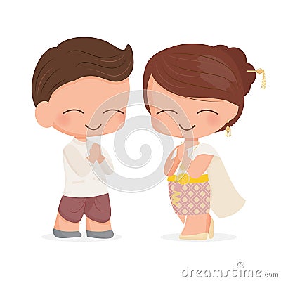 cute flat style Thai couple in traditional dress greeting for welcome, wedding or songkran festival Vector Illustration