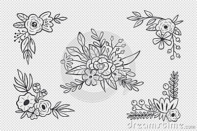Cute Floral Hand-Drawn Clipart Set Vector Illustration