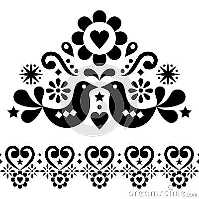 Valentine`s Day folk art vector design set for greeting card or wedding invitation - Scandinavian style patterns with birds, heart Vector Illustration