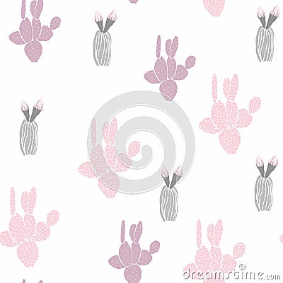 Cute floral pattern of abstract pink cacti. Seamless grey texture. Colored cute cacti. White background. Stock Photo