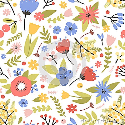 Cute floral seamless pattern with blooming spring plants on white background. Backdrop with motley meadow flowers and Vector Illustration