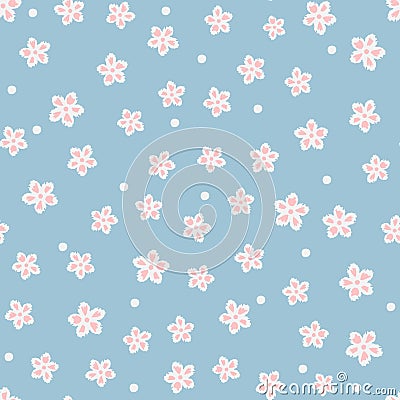 Cute floral seamless pattern. Chaotically placed single abstract flowers and dots. Vector Illustration