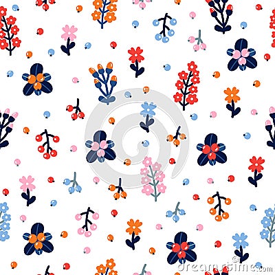 Cute floral seamless pattern with flowers and berries. Scandinavian style design. Folk background Vector Illustration