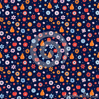 Cute floral seamless pattern with flowers and fruits. Scandinavian style design. Folk background Vector Illustration