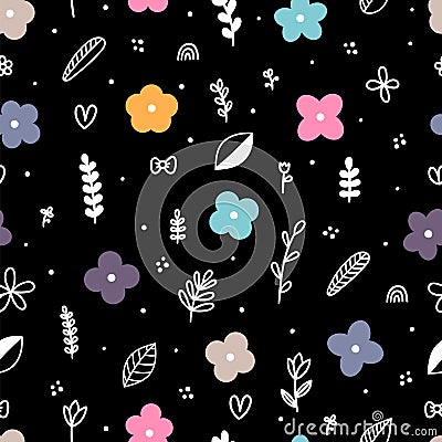 Cute floral seamless pattern with hand drawn elements. Scandinavian style. Doodle flowers Vector Illustration