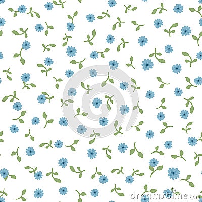 Cute floral seamless pattern. Repeated small blue flowers and green leaves on white background. Vector Illustration