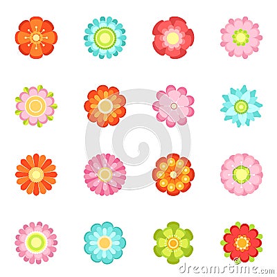 Cute floral vector illustrations in flat style. Flowering icon set of 70s Vector Illustration