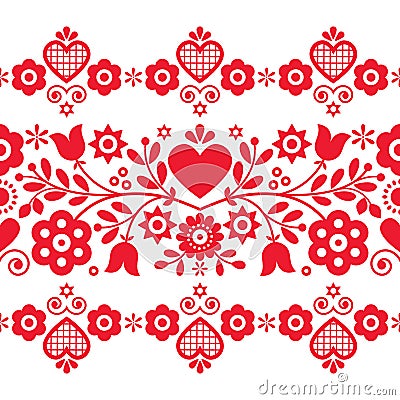 Cute floral vector seamless pattern in red and white perfect for textile or fabric print. Inspired by folk art from Nowy Sacz, Pol Vector Illustration