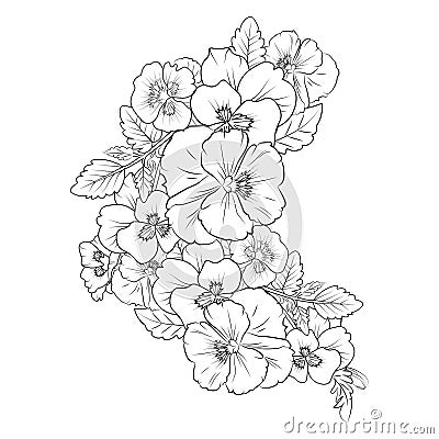 Cute flower coloring pages, pansy drawing, pale blue plans drawing, Hand drawn botanical spring elements bouquet Vector Illustration