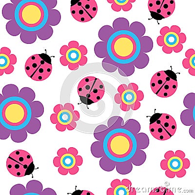 Cute flower and ladybug seamless vector pattern Stock Photo