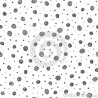 Cute flower pattern in doodle style. Tiny black flowers on a white background. Simple summer or spring print for textiles. Vector Vector Illustration