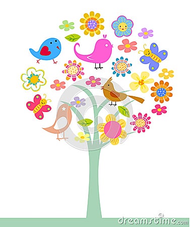 Cute flower,tree and bird Vector Illustration