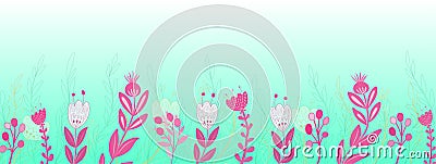 Hand Drawn Pink Floral Border in Green Gradient Background Banner Stock Photo