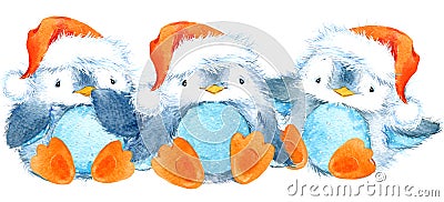 Cute fluffy bird penguin. Watercolor funny penguin. Cartoon Illustration