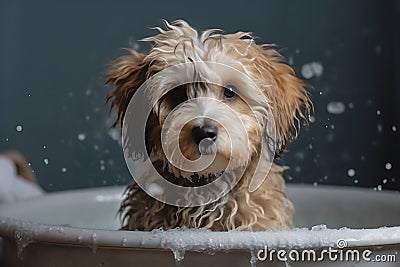 Cute fluffy bobtail puppy takes a bath filled with foam, a kawaii dog with fluffy fur sits in a bathtub Stock Photo