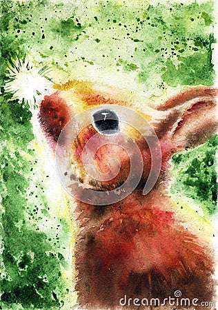 Cute fluffy brown bunny looks at a white dandelion on a green background, painted by hands with watercolor, poster, illustration, Cartoon Illustration