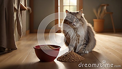 Cute fluffy cat, dry food, home animal hungry appetizing portion appetite Editorial Stock Photo