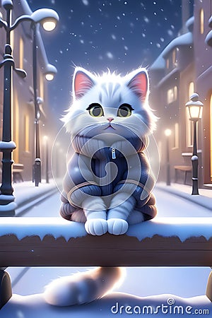 A cute and fluffy cat in the winter clothes, sitting on the bench in a snowing night, city, lights, animal, fantasy, cartoon Stock Photo
