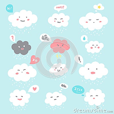 Cute fluffy clouds with cartoon emoji faces, emotions Vector Illustration