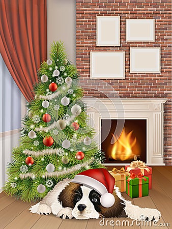 Interior with christmas tree fireplace dog Vector Illustration