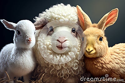 Cute fluffy easter animals, bunny, sheep and goat. Stock Photo