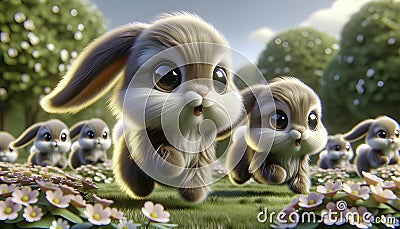 a cute fluffy easter bunny religion event holiday April floral basket eggs rabbit backyard hunt egg spring yard grass flower Stock Photo