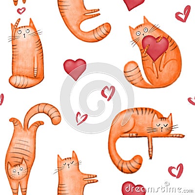 Cute fluffy ginger cats with hearts. Cartoon Illustration