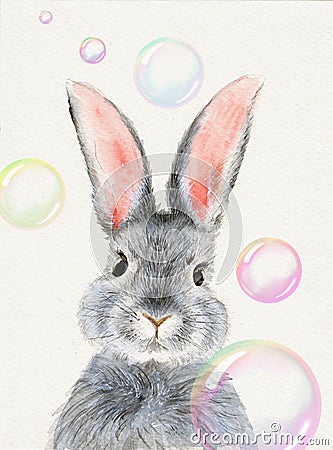 A cute fluffy grey rabbit with with colorful soap bubbles Cartoon Illustration