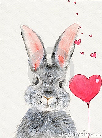 A cute fluffy grey rabbit with pink ears and hearts Cartoon Illustration