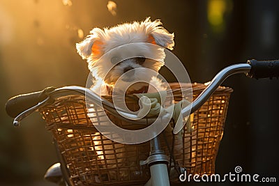 Cute fluffy lap pet dog in a bicycle basket. Safe transportation of an animal in a bike basket. City lifestyle Stock Photo