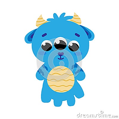 Cute fluffy monster for halloween in childish style, cosmic alien blue character, kawaii baby creatures Vector Illustration