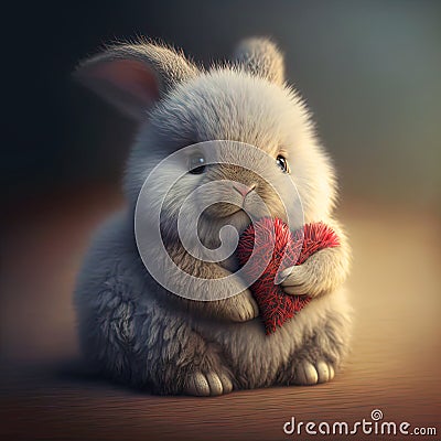 Cute fluffy rabbit hugging red heart. Valentine's Day greetings from romantic bunny holding heart. Generative AI. Stock Photo