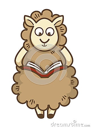 Cute fluffy sheep with curly wool reads book Vector Illustration
