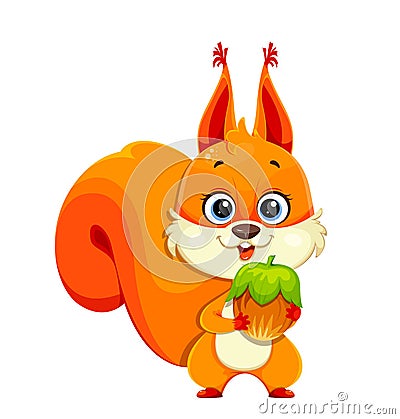 Cute fluffy squirrel holding nut Vector Illustration