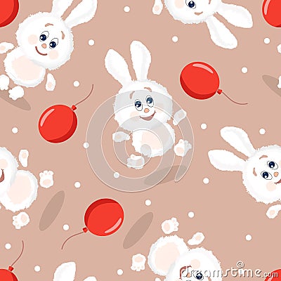 Cute fluffy white bunnies with red balloons on a mocha background.Seamless pattern Vector Illustration