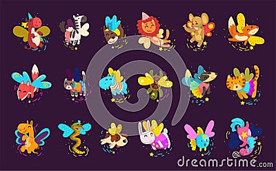 Cute flying animals set. Funny snake, cat, lion, hippo, cat, fox, badger, rabbit, dog, zebra flying with wings vector Cartoon Illustration