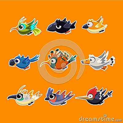 Cute Flying Birds Vector Illustration Set Vector Illustration