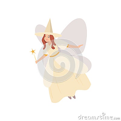 Cute flying fairy with magic stick and white clothes Vector Illustration