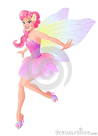 Cute flying fairy in pink flower dress with butterfly wings Vector Illustration
