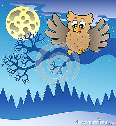 Cute flying owl in snowy landscape Vector Illustration